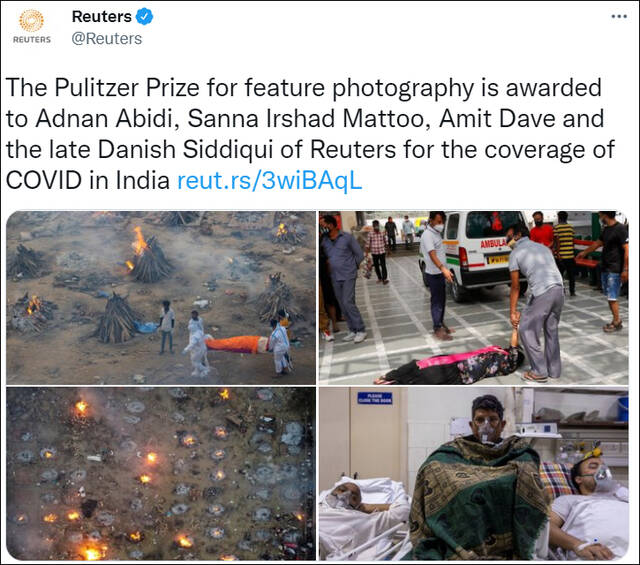 报道印度新冠疫情的摄影师获普利策奖（截图自路透社推特）