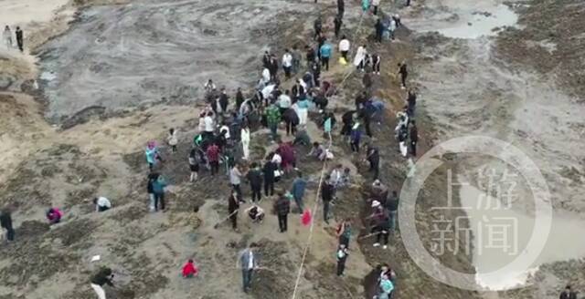 贾鲁河开封尉氏段正在修整河道，河滩淤泥里挖出大量古钱币。5月8日，大量居民聚集到河滩边“挖宝”。图片来源/受访者供图