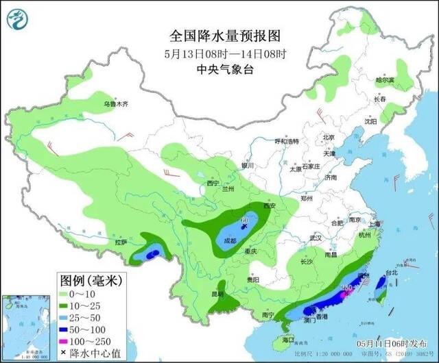 △全国降水量预报图；来源：中国气象局中央气象台