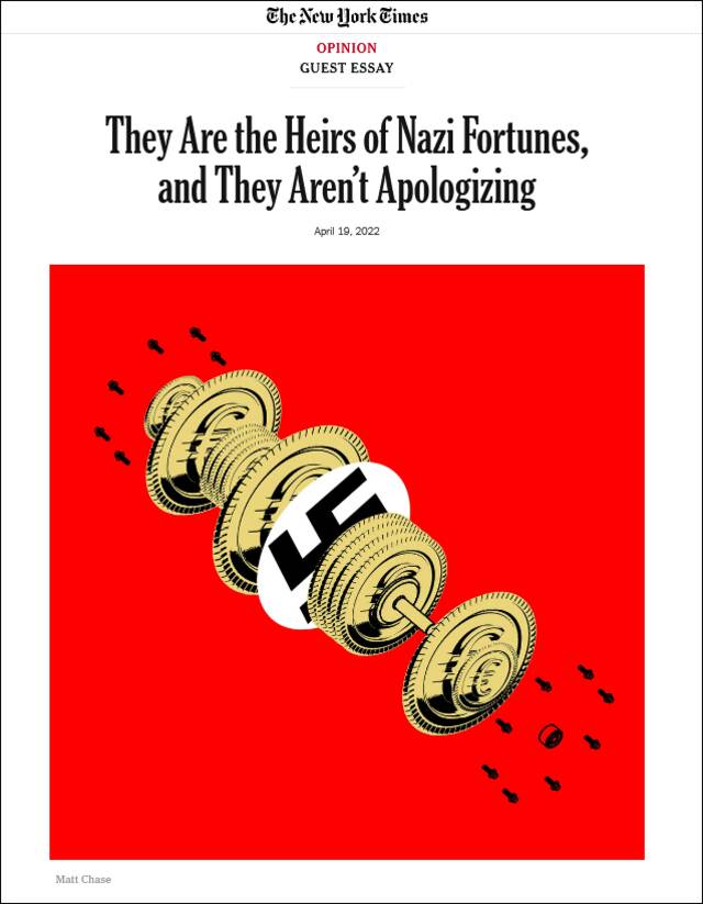 《纽约时报》4月19日刊文：他们是纳粹财富的继承人，但他们不会道歉