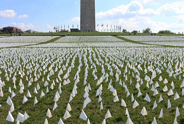 当地时间2021年9月，美国华盛顿，华盛顿国家广场象征美国新冠死亡病例数的白旗。