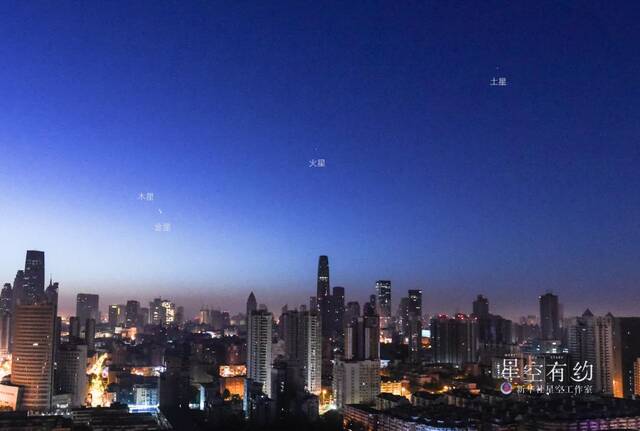 这是天津市天文学会理事杨婧2022年5月1日黎明时分拍摄的金星、木星、火星和土星。（本人供图）