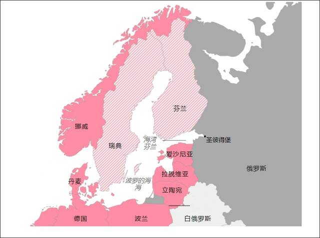 芬兰、瑞典，以及俄罗斯周边的北约国家（红）。图自彭博社