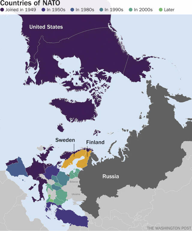 北约成员国示意图。不同颜色代表北约东扩的不同阶段。《华盛顿邮报》图