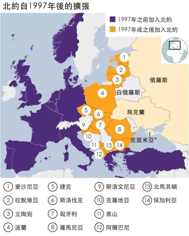 北约扩张示意图图片来源：BBC中文网