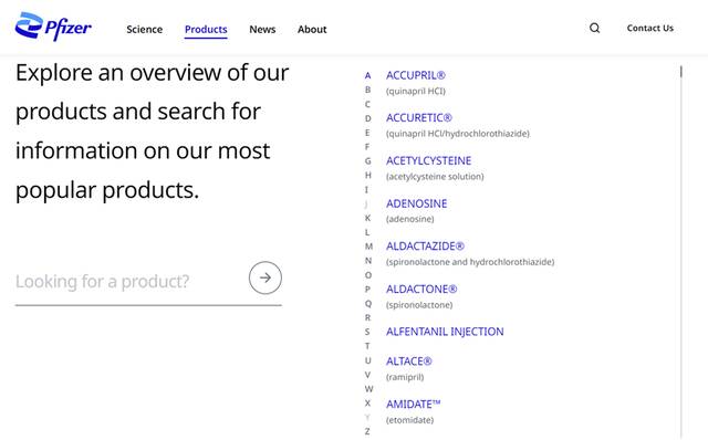 辉瑞官网产品目录页面截图。