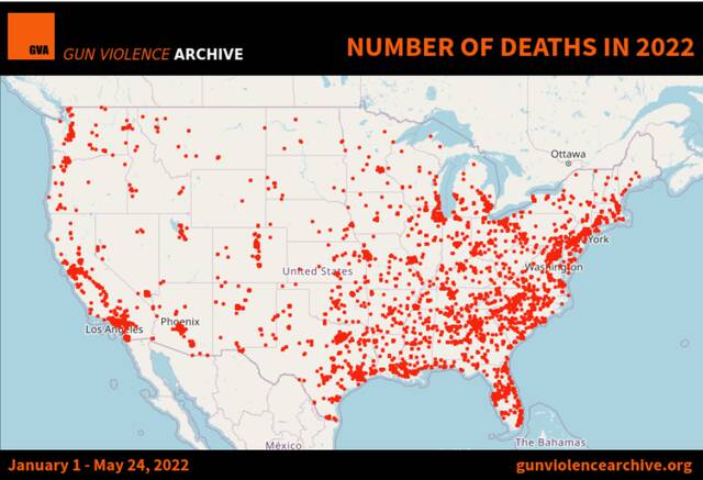 ↑截至24日，2022年才过去了144天，但美国今年已经发生了213起大规模枪击事件。