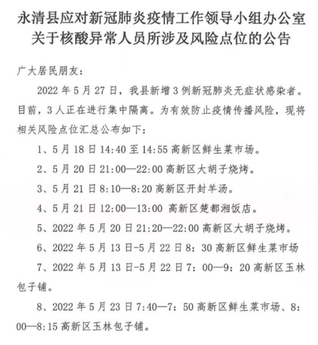 河北廊坊永清公布3例无症状感染者相关风险点位