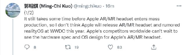 苹果WWDC开幕在即！郭明錤：今年不会发布头戴设备及realityOS系统