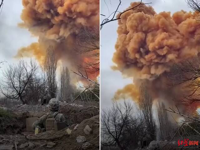 ▲5月31日晚，阿佐特化工厂的一个硝酸罐遭袭，爆炸现场上空升起巨大的橙色云团