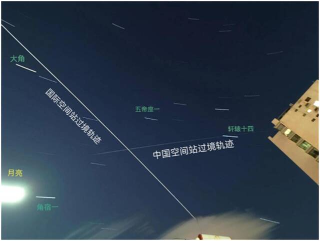 ↑5月13日，国际空间站、中国空间站相继过境北京。（李永刚摄）