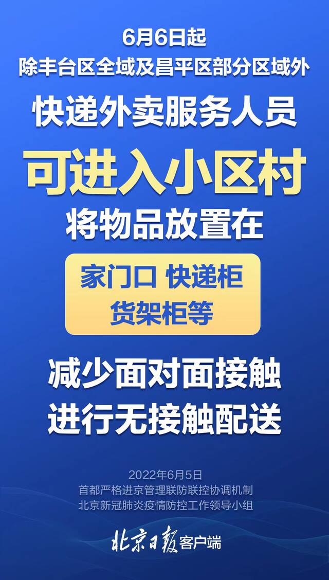 北京大部分地区：快递外卖人员可进入小区，实行无接触配送