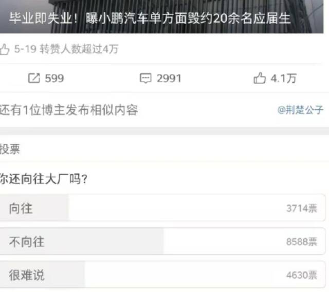 应届生被裁的热搜里关于大厂的投票图源：微博截图