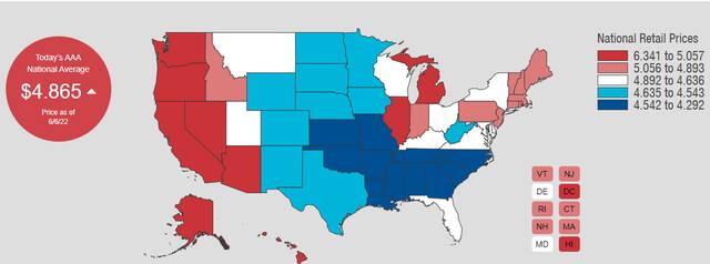当地时间6月6日，全美汽油价格分布图图源：美国汽车协会网站