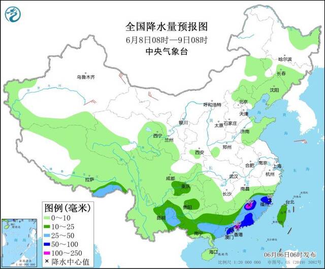 图4全国降水量预报图（6月8日08时-9日08时）