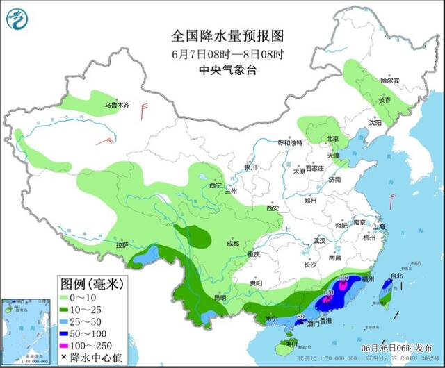 图3全国降水量预报图（6月7日08时-8日08时）