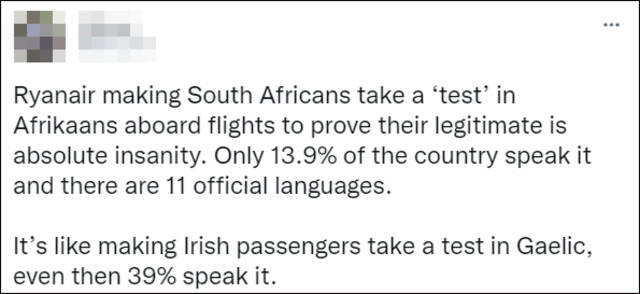 瑞安航空要求南非乘客接受南非荷兰语测试以证明身份，否则无法登机