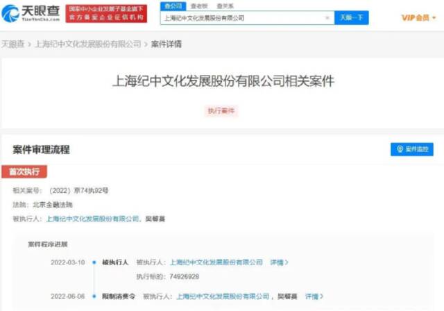 限制消费对象为该公司及法定代表人樊馨蔓（张纪中前妻）