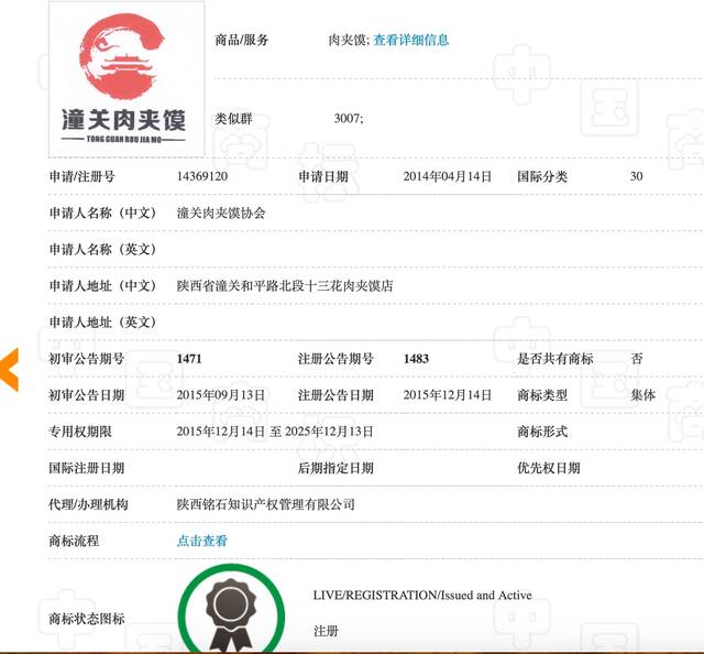 潼关肉夹馍集体商标来源：中国商标网