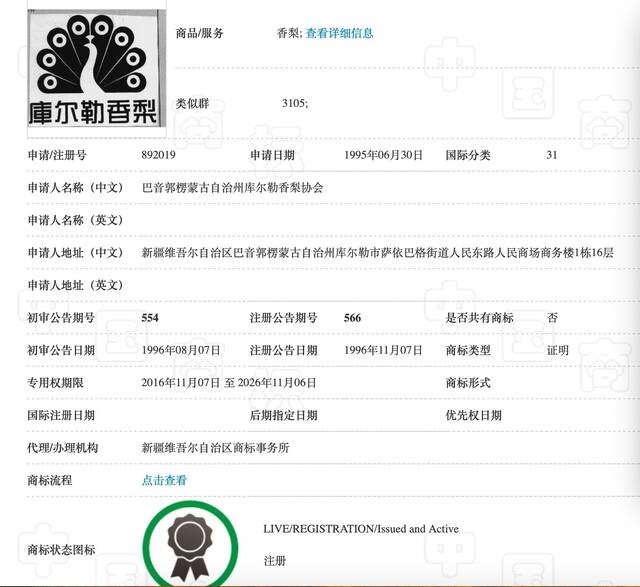 库尔勒香梨证明商标来源：中国商标网