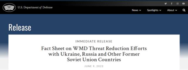 当时时间9日，美国防部发布有关美方在俄乌等国减缓“大规模杀伤性武器威胁”努力的事实清单