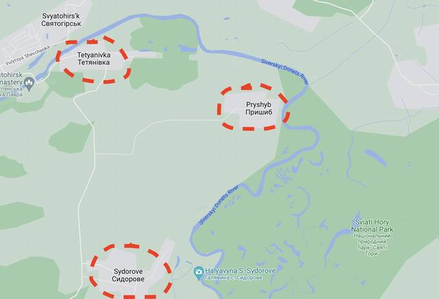 塔季扬诺夫卡、普里希布与西罗多夫位置示意图（红圈表示）图片来源：社交媒体