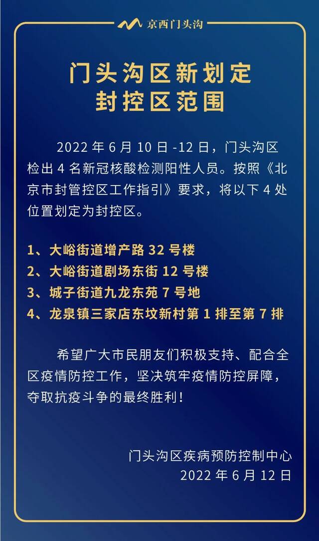 北京门头沟封控区范围更新！这4地划为封控区