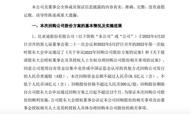 比亚迪：回购公司股份方案实施完毕 回购总额为18.1亿元