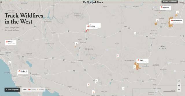 美国西部山火地图图源：《纽约时报》