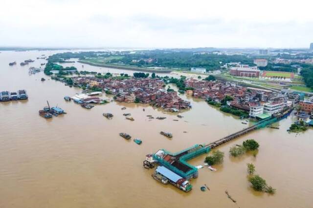 受连日来的暴雨影响，三水区西南街道河口社区沿江区域出现水浸情况，俯瞰半江桥两侧房屋已经淹没在水中。佛山日报记者王澍/摄