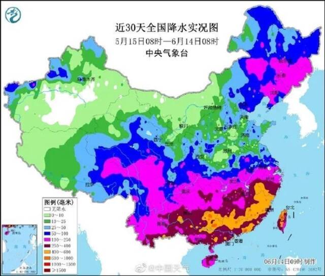 近30天全国降水实况图（5月15日08时-6月14日08时）来源：@中国天气