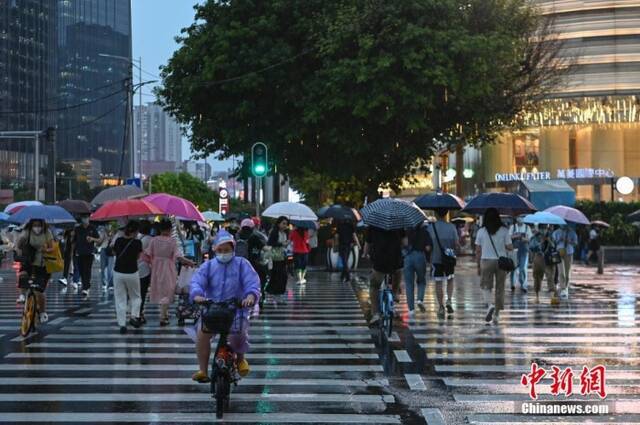 资料图：广东省广州市，市民在雨中出行。中新社记者陈骥旻摄