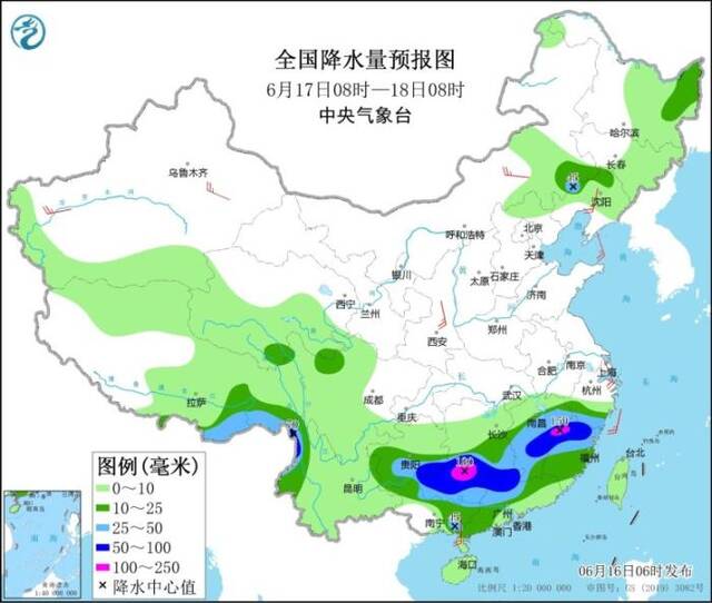 全国降水量预报图(6月17日08时-18日08时)