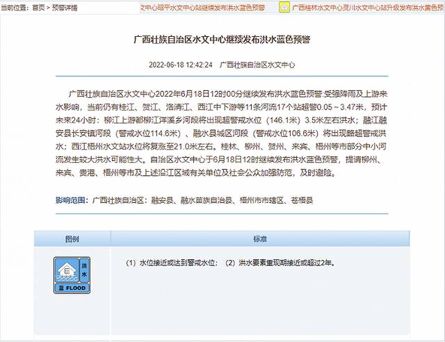 广西壮族自治区水文中心继续发布洪水蓝色预警