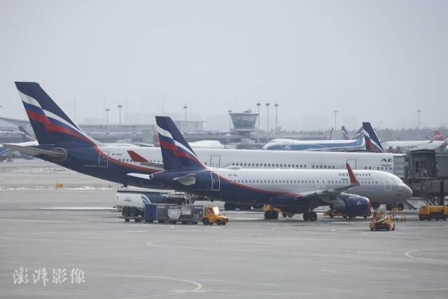 当地时间3月27日，俄罗斯莫斯科谢列梅捷沃国际机场，多架俄航客机。图自澎湃影像
