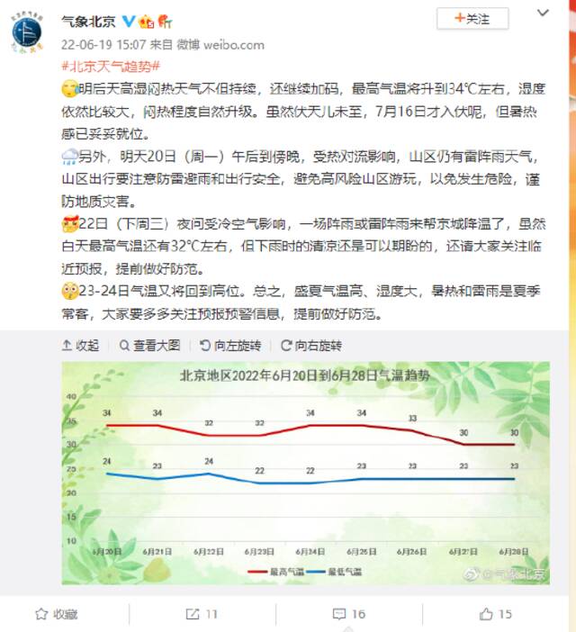 北京明后天高湿闷热天气继续加码 最高气温将升到34℃左右