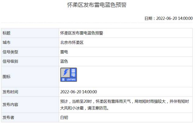 北京三区发布雷电蓝色预警：局地短时雨强较大，还有大风和小冰雹