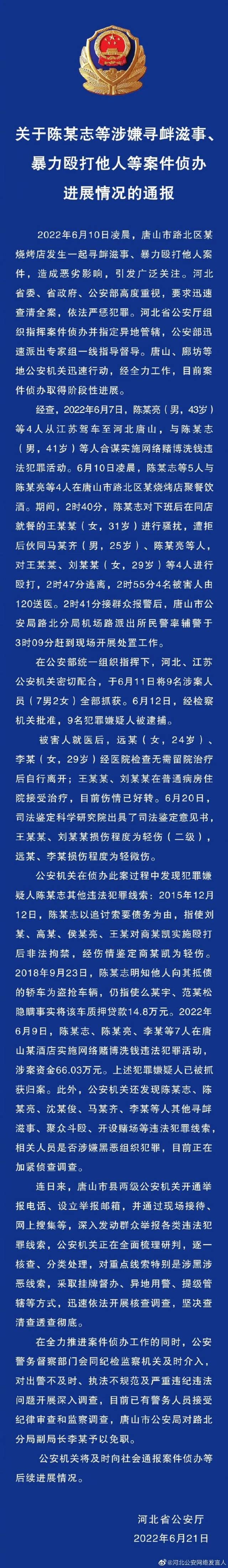 唐山打人案嫌疑人涉网络赌博洗钱！路北分局局长被查，被打女孩最新情况公布