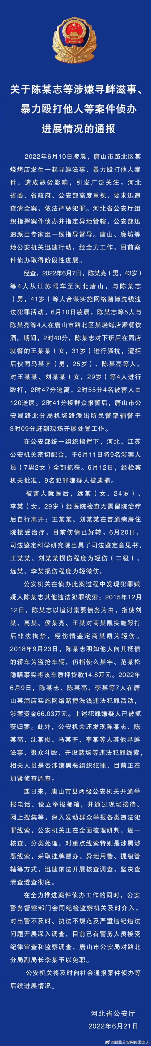 唐山打人案相关人员是否涉黑正在侦查