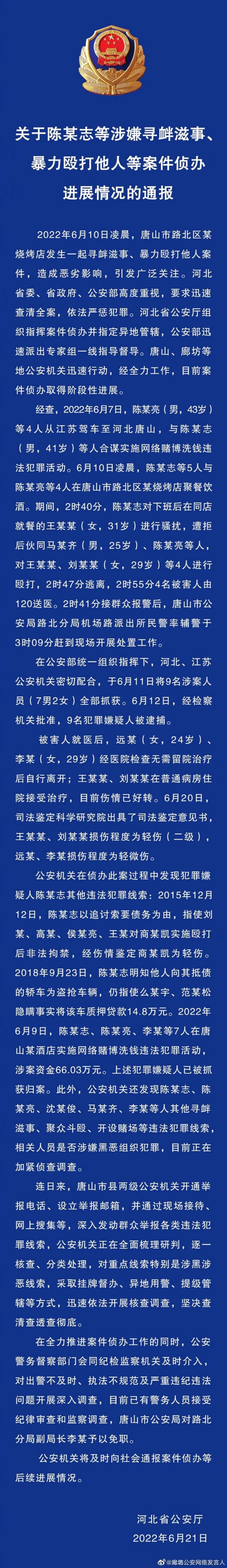 唐山打人案细节公布：从骚扰到逃离共计7分钟，冲突发生1分钟即有人报警