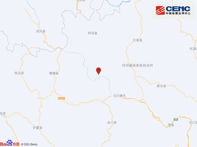四川阿坝州马尔康市发生3.0级地震 震源深度11千米