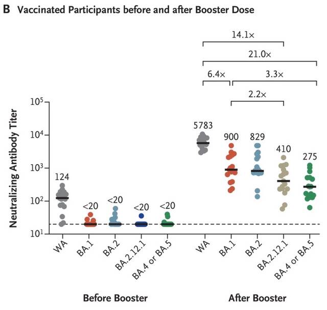 BA.4/5哈佛研究：接种3针mRNA中和抗体滴度较原始株下降21倍