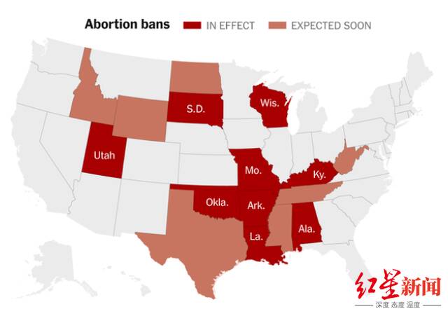 ↑正在或预计实施堕胎禁令州