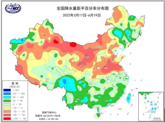 2022年3月17日至6月19日全国降水量距平百分率分布图