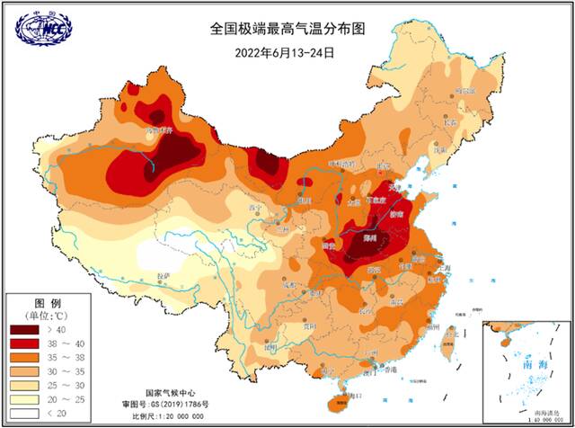 2022年6月13日至24日全国极端最高气温分布图