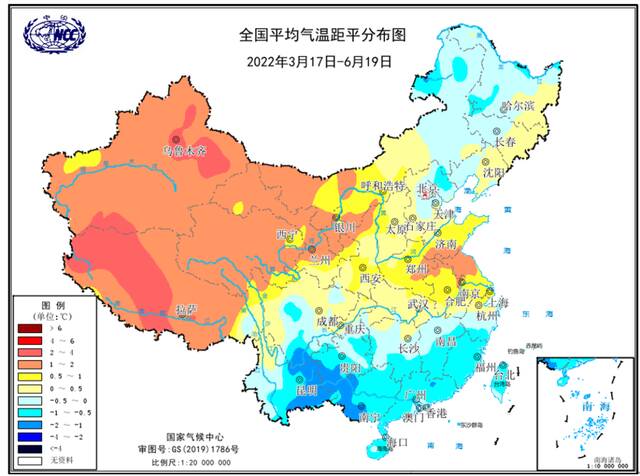 2022年3月17日至6月19日全国平均气温距平分布图