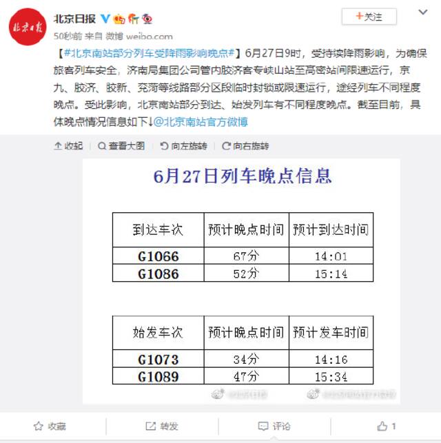 北京南站部分列车受降雨影响晚点
