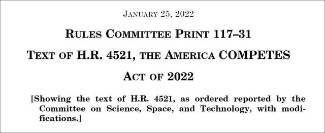 众议院推出的《2022年美国竞争法案》