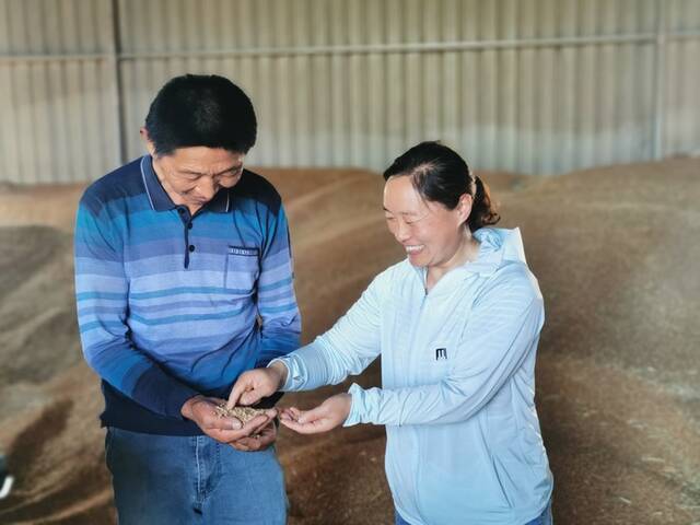 48岁的丁雨干（右一）是盐城市射阳县兴桥镇的家庭农场主，在当地有“女粮王”之称。（受访者供图）