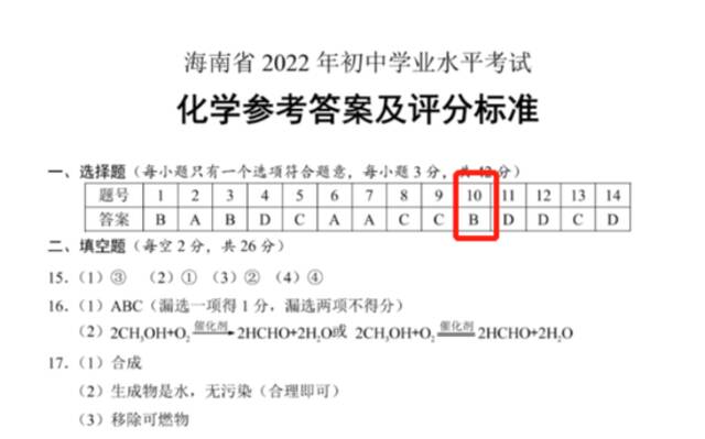 海南中考化学科目一单选题“有多个答案”？省考试局：正组织专家复核研判